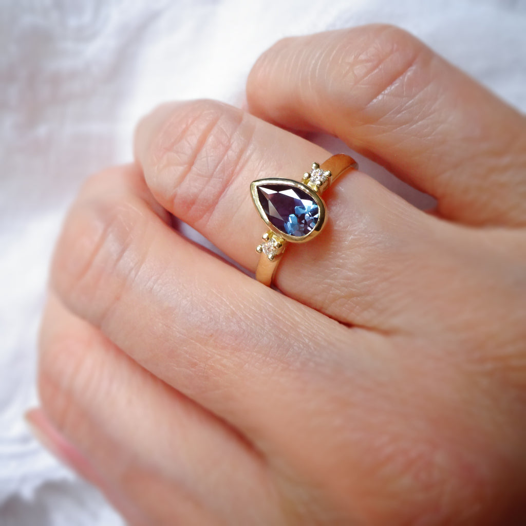Ethereal Pear Alexandrite Diamond Bridal Wedding Ring set in 9ct Gold Rings Bijoux de Chagall