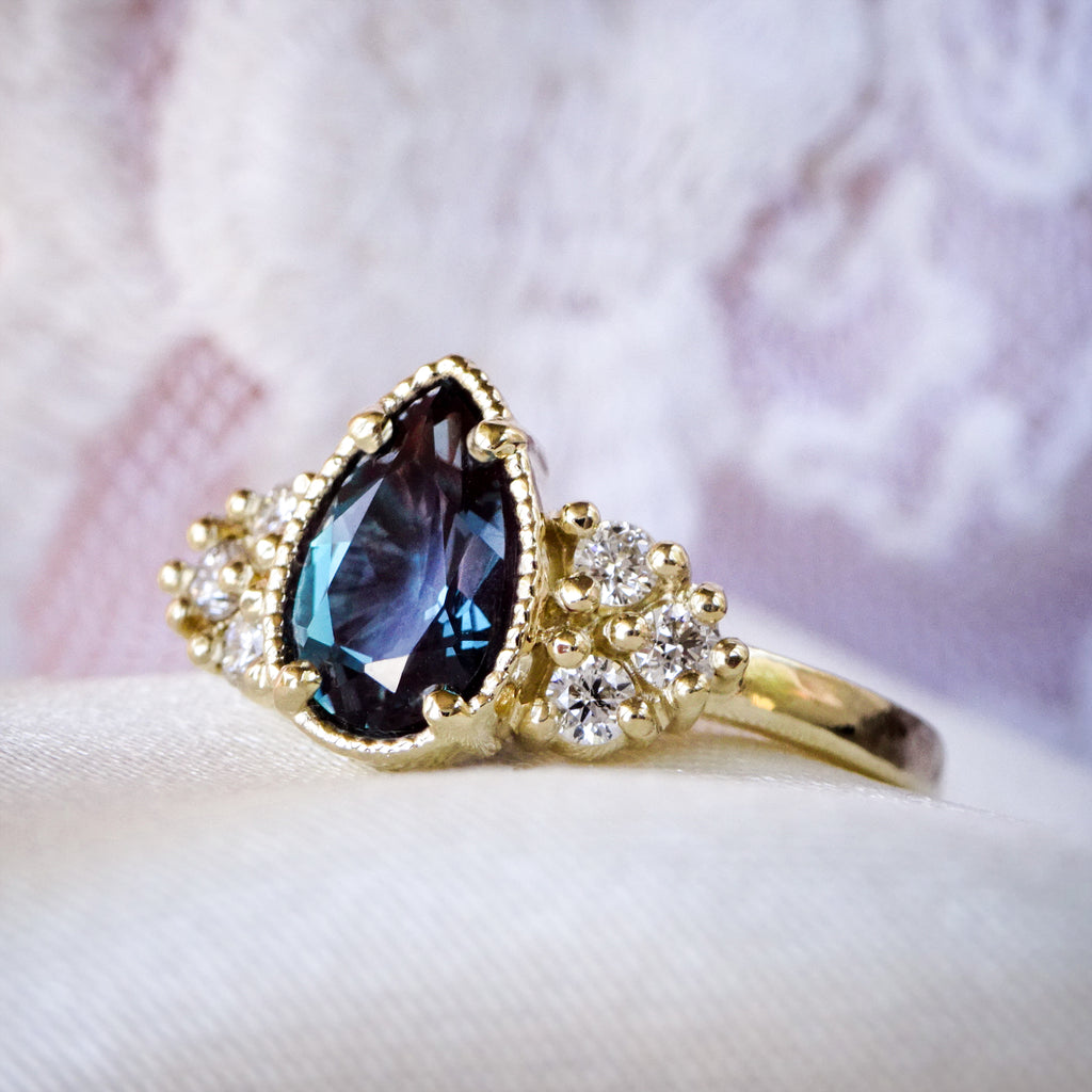 Mesmerising Pear Alexandrite Diamond Cluster Engagement ring in 9ct / 18ct gold - Bijoux de Chagall