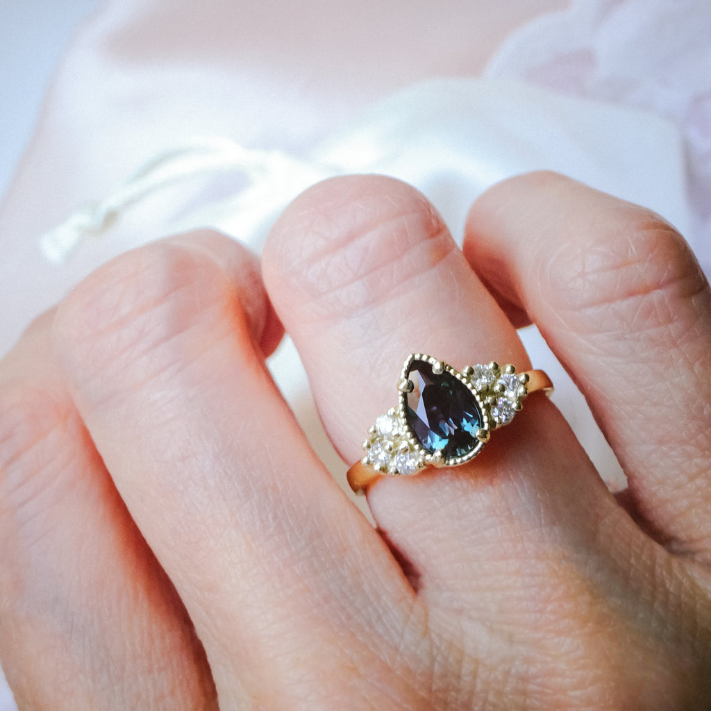 Mesmerising Pear Alexandrite Diamond Cluster Engagement ring in 9ct / 18ct gold - Bijoux de Chagall