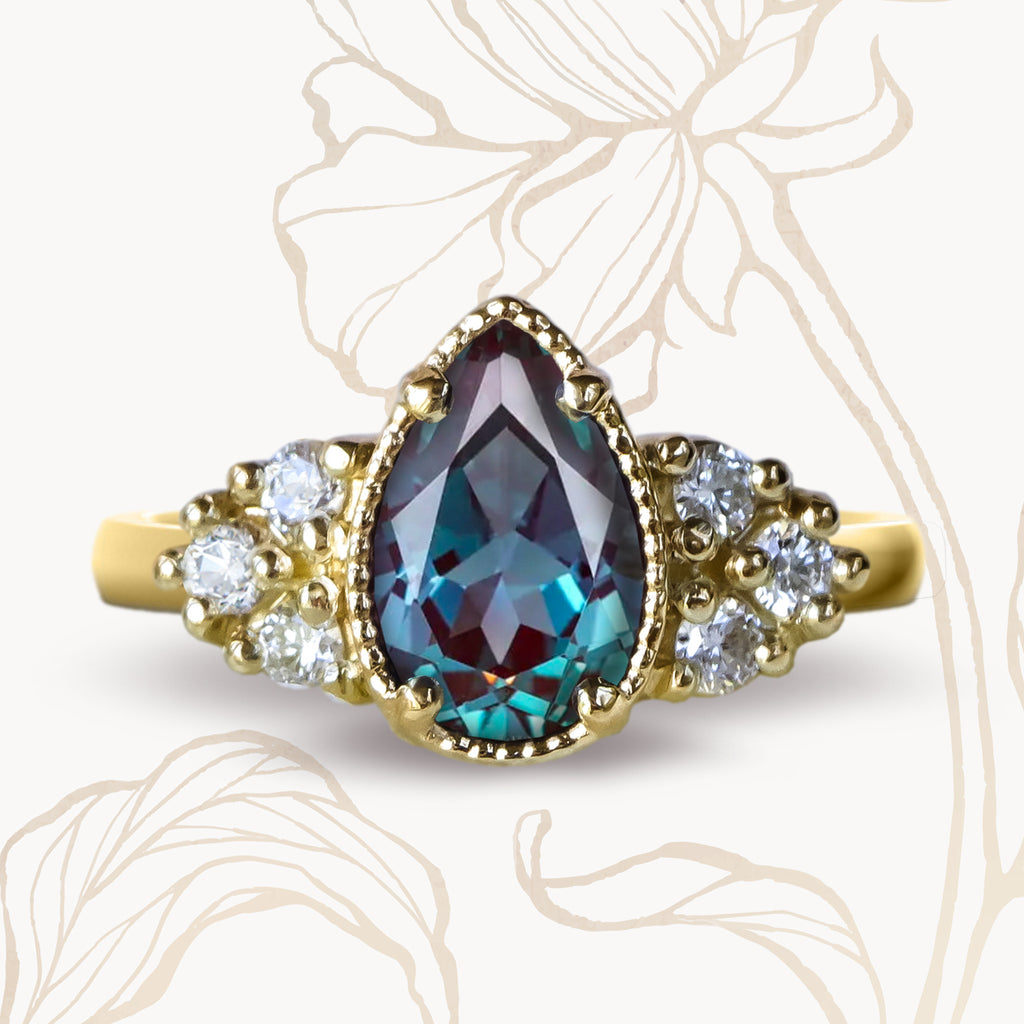 Mesmerising Pear Alexandrite Diamond Cluster Engagement ring in 9ct / 18ct gold - Bijoux de Chagall