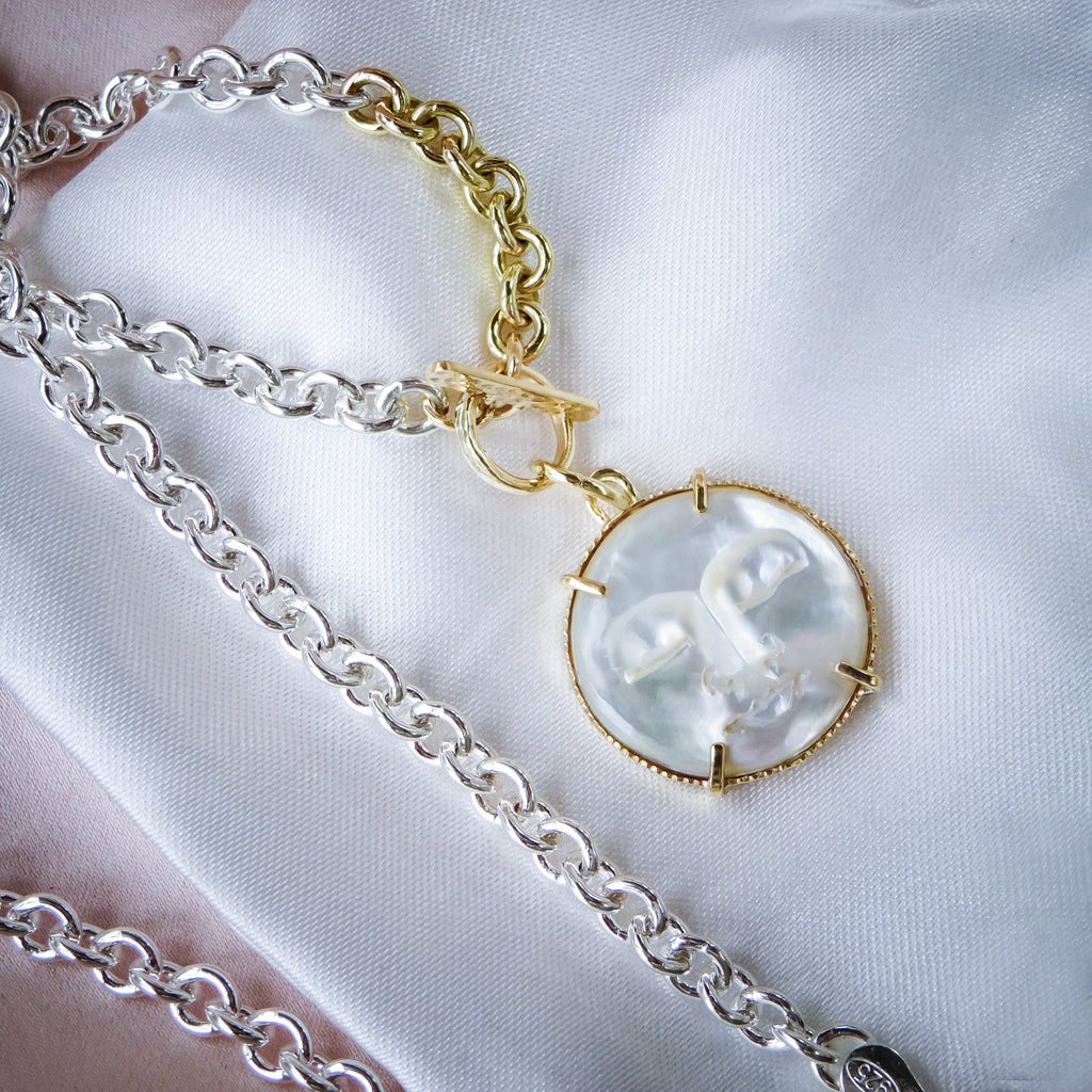 Handcrafted Pearl Moon Toggle Chain Necklace in 9ct Gold & Silver. - Bijoux de Chagall