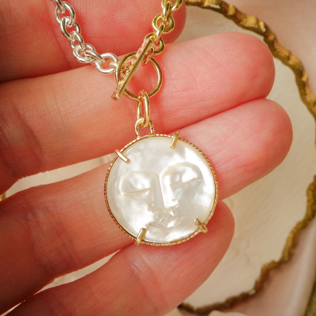 Handcrafted Pearl Moon "Lune" Toggle Chain Necklace in 9ct Gold & Silver - Bijoux de Chagall