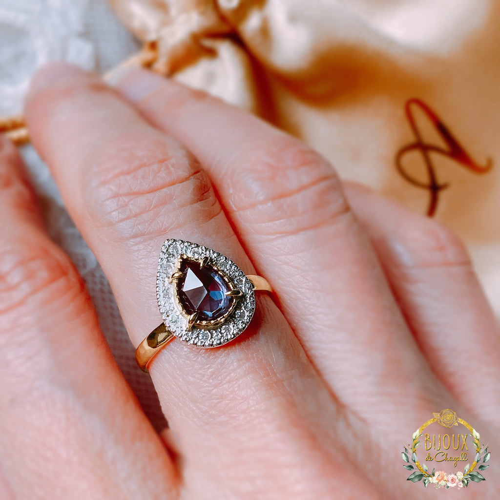 Regency Alexandrite Diamond Halo Engagement ring in 9ct / 18ct Gold and Fine Silver - Bijoux de Chagall