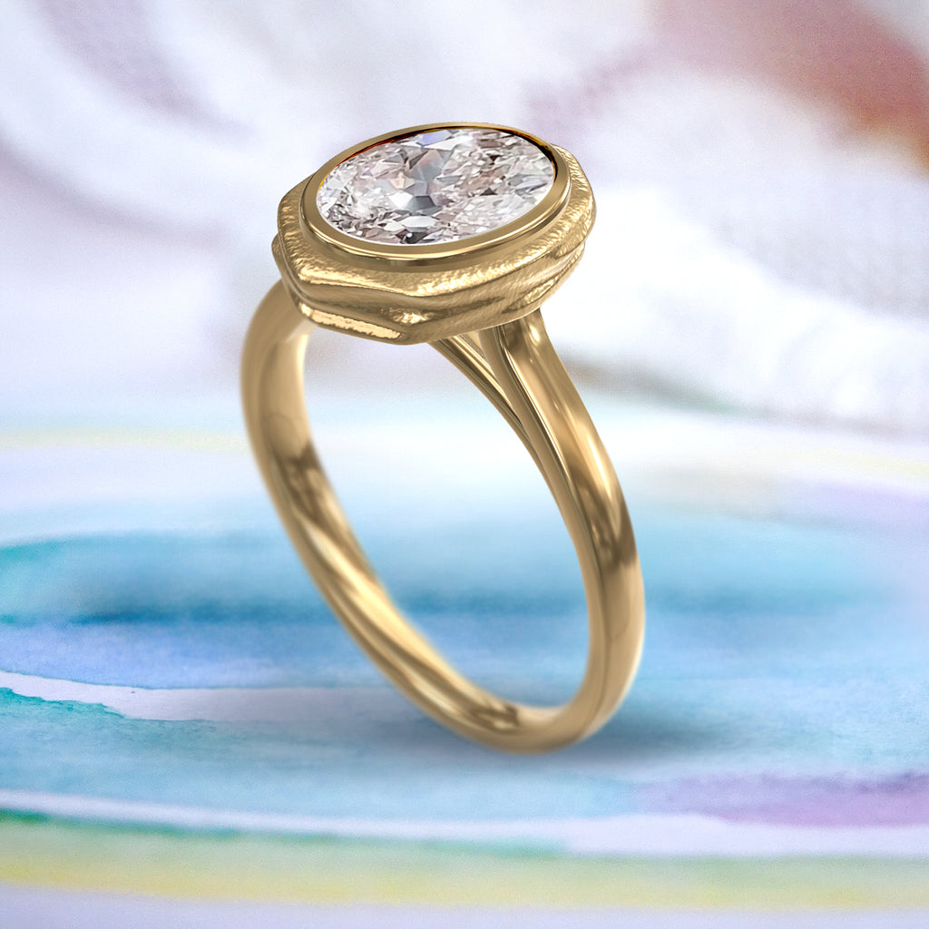 Rock Oval Diamond Solitaire Unique Engagement ring in 9ct / 14ct/ 18ct Gold Rings Bijoux de Chagall