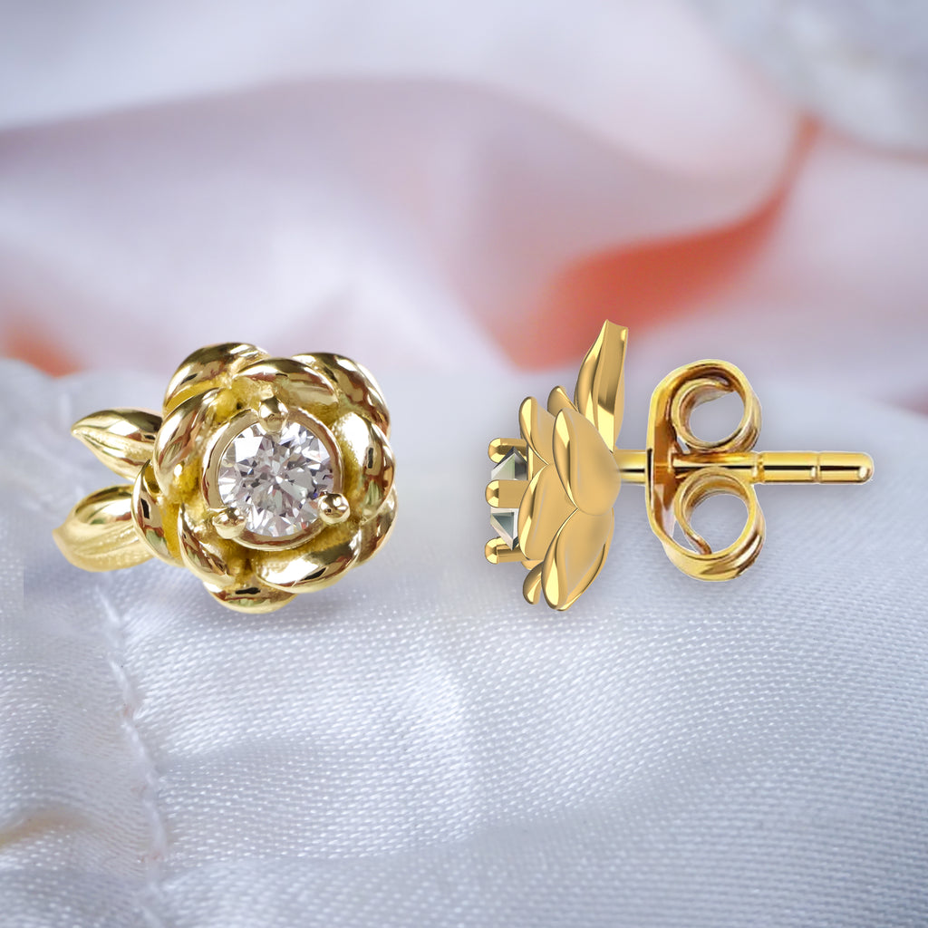 Aurelia Rose Flower Diamond Earrings in 9ct / 14ct/ 18ct Gold Earrings Bijoux de Chagall