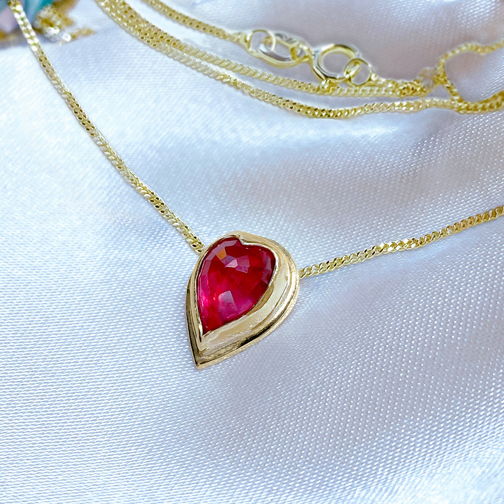 Mon Amour Natural Ruby Heart Pendant Necklace in 9ct / 18ct Gold - Bijoux de Chagall