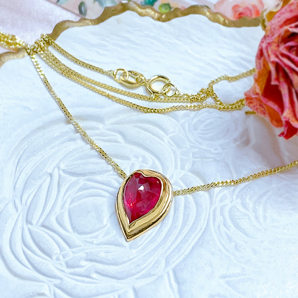 Mon Amour Natural Ruby Heart Pendant Necklace in 9ct / 18ct Gold - Bijoux de Chagall