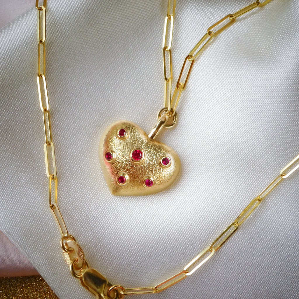 Love Ruby Cute Heart Pendant on Paperclip chain in solid 9ct Yellow Gold - Bijoux de Chagall
