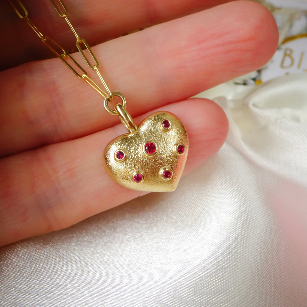 Love Ruby Cute Heart Pendant on Paperclip chain in solid 9ct / 14ct Yellow Gold - Bijoux de Chagall