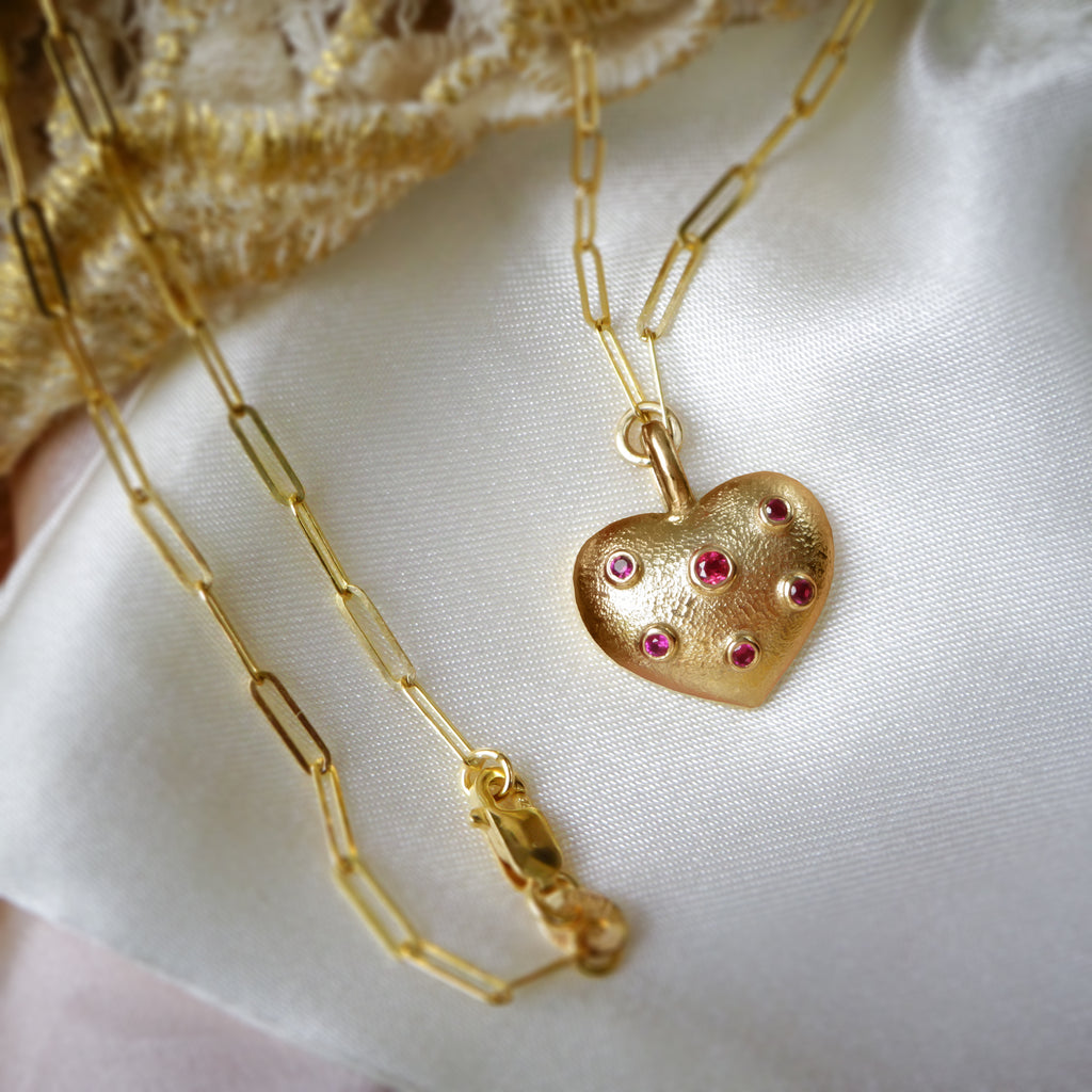 Love Ruby Cute Heart Pendant on Paperclip chain in solid 9ct / 14ct Yellow Gold - Bijoux de Chagall