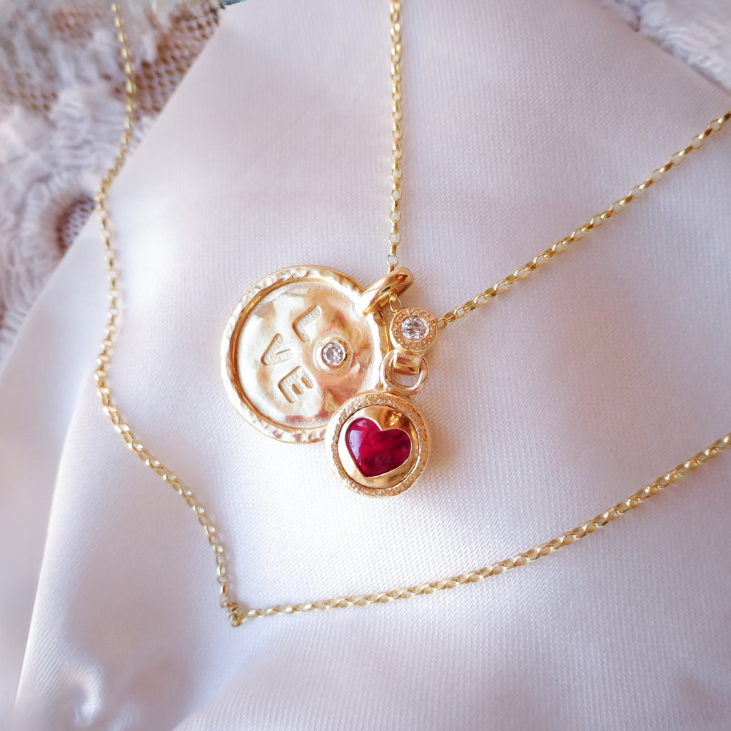 Mon Chou Ruby Heart Love Diamond Pendants Necklace in solid 9ct / 18ct Gold - Bijoux de Chagall