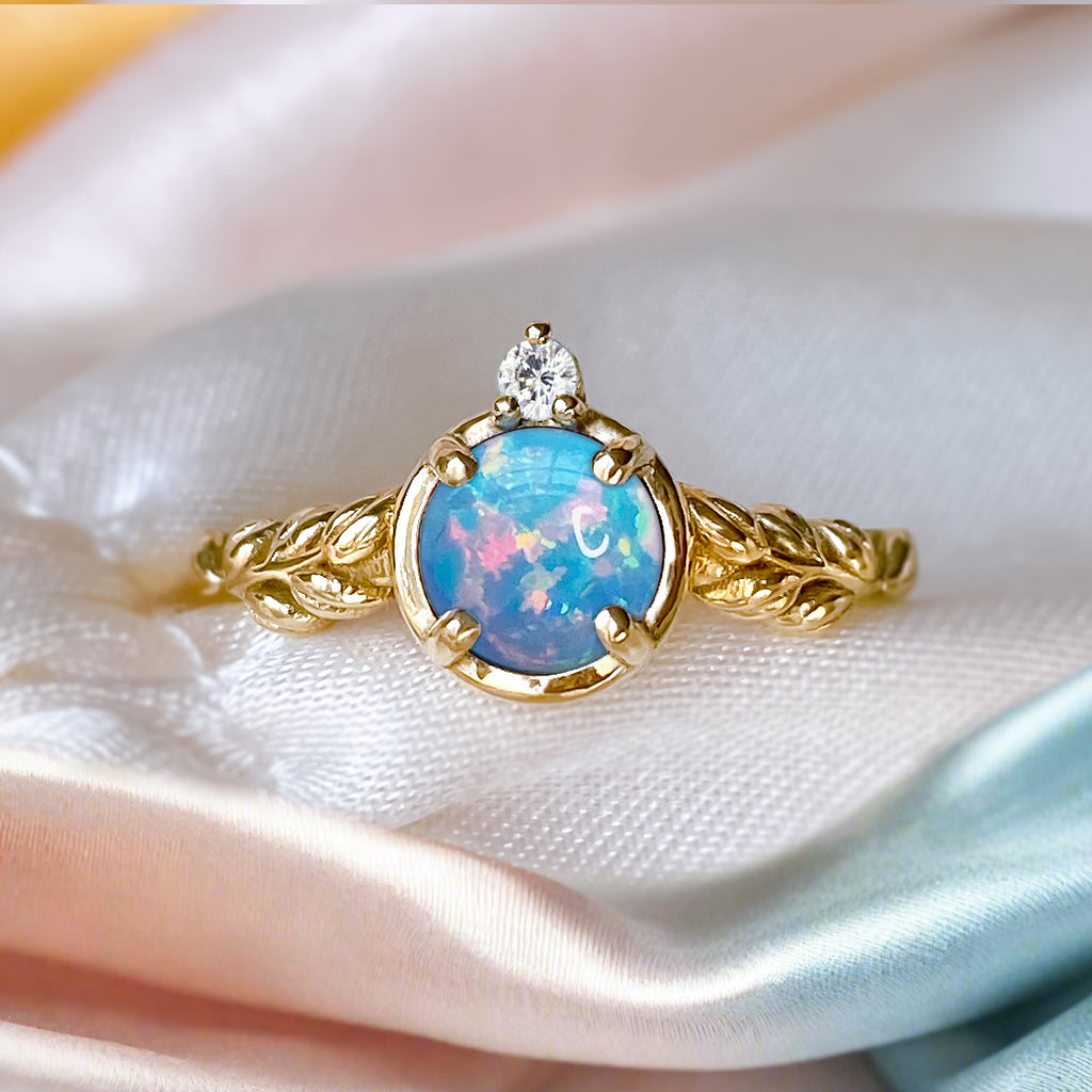 Little Earth Dreamy Blue Opal Diamond Floral Engagement Ring in 9ct / 18ct Gold - Bijoux de Chagall