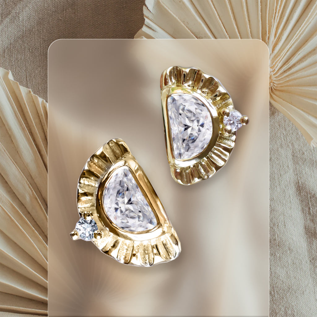 Extraordinary Sunburst Moon Diamond Stud Earrings in 9ct / 18ct Gold - Bijoux de Chagall