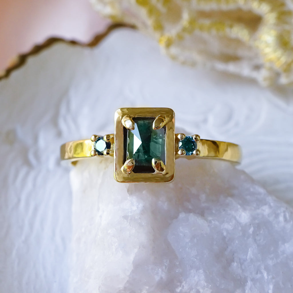 Art Deco Natural Teal-Blue Diamond Engagement Ring in 9ct / 18ct Gold - Bijoux de Chagall