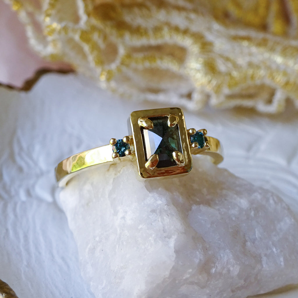 Art Deco Natural Teal-Blue Diamond Engagement Ring in 9ct / 18ct Gold - Bijoux de Chagall
