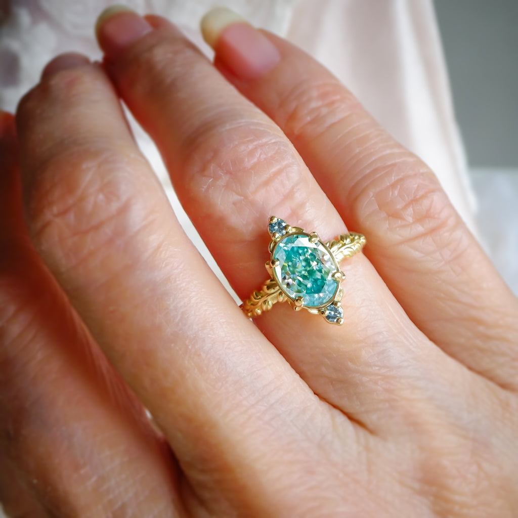Marquise Vintage Style Aqua Blue Diamond Engagement Ring on models finger - Bijoux de Chagall