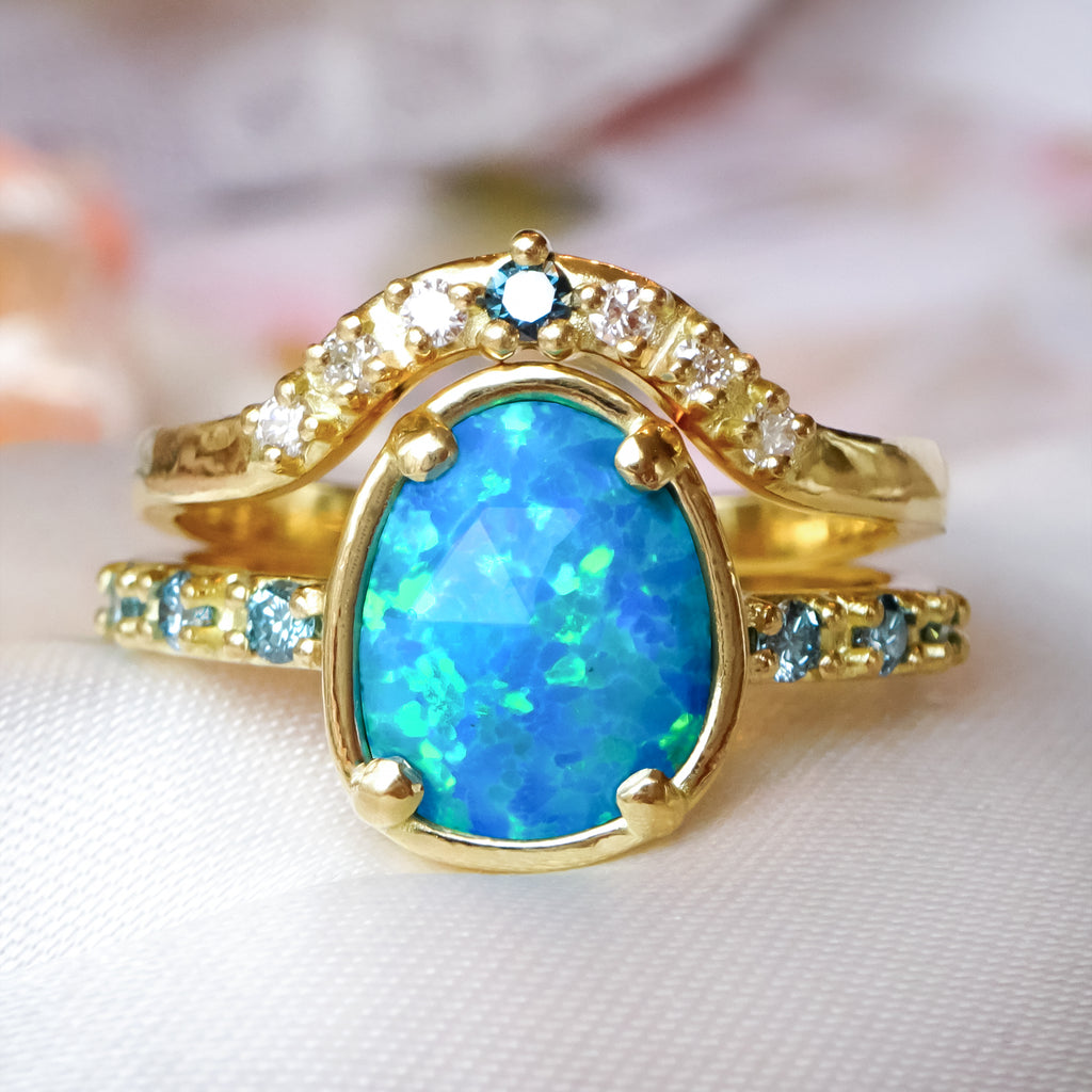 Art Deco Ocean-Blue Opal Diamond Engagement Bridal ring Set in 9ct / 18ct Gold - Bijoux de Chagall