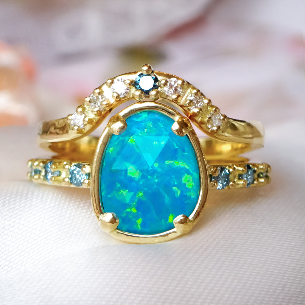 Art Deco Ocean-Blue Opal Diamond Engagement Bridal ring Set in 9ct / 18ct Gold - Bijoux de Chagall