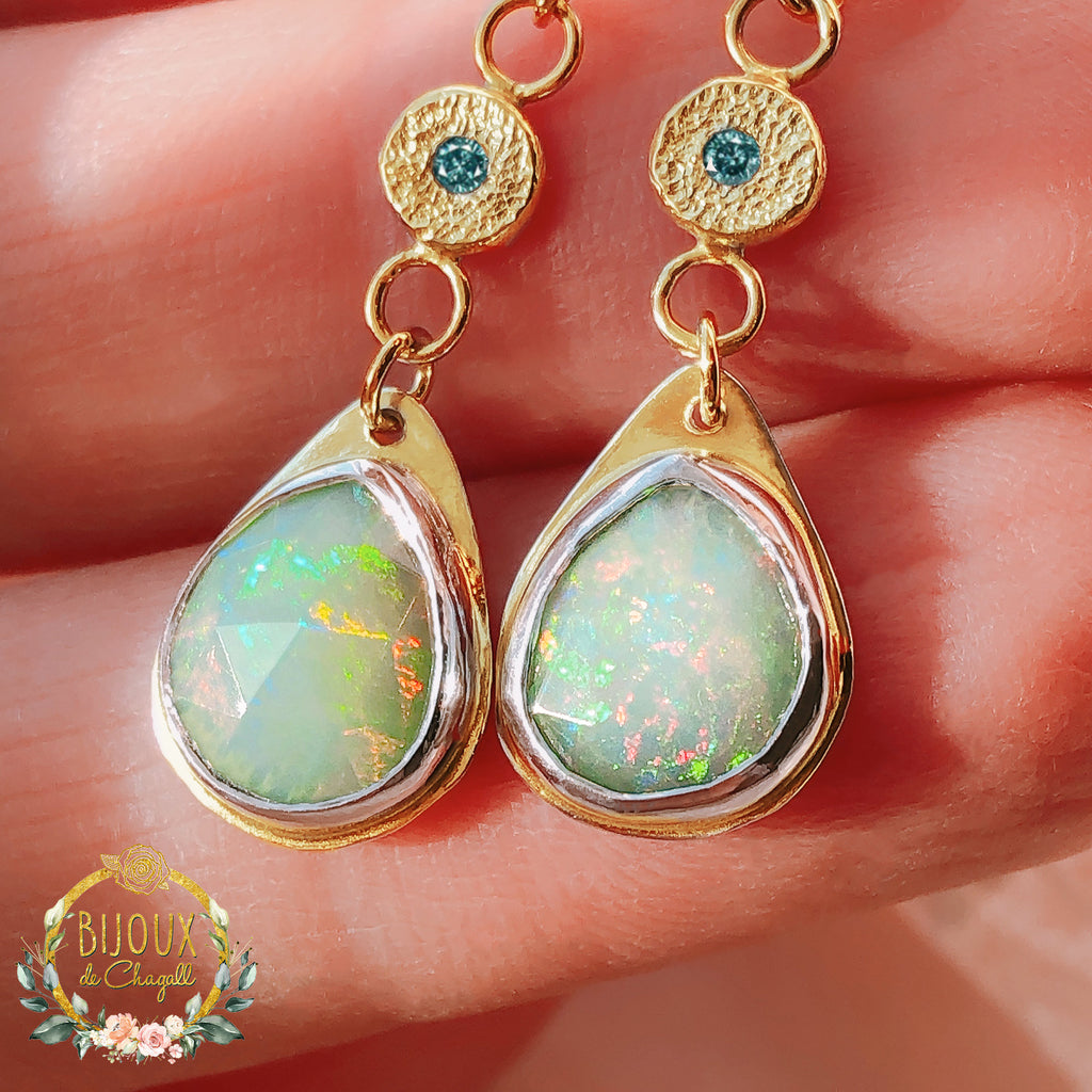 Luminous Freeform Opals and Teal Diamonds Drop Earrings in 9ct / 18ct Gold - Bijoux de Chagall