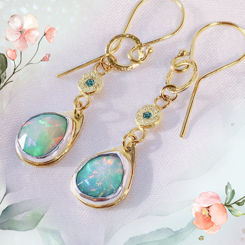 Luminous Freeform Opals and Teal Diamonds Drop Earrings in 9ct / 18ct Gold - Bijoux de Chagall