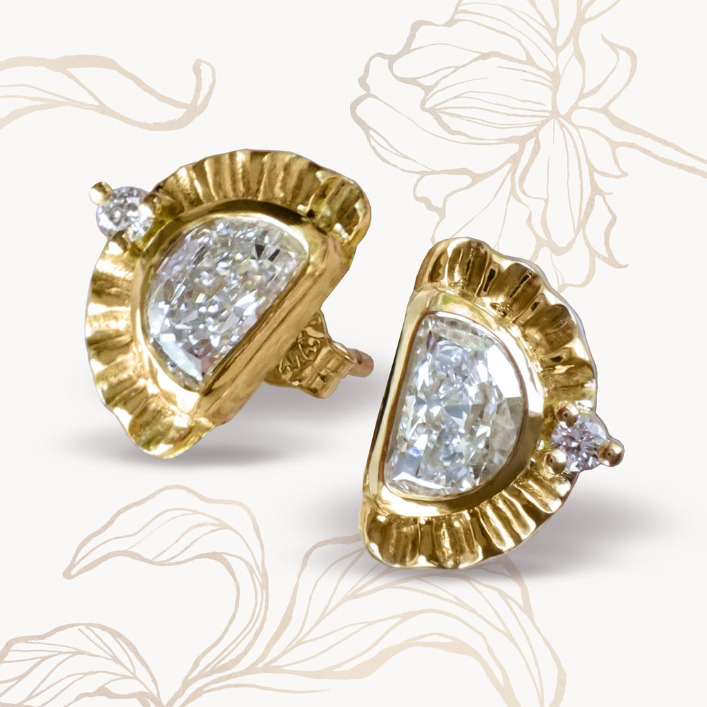 Extraordinary Sunburst Moon Diamond Stud Earrings in 9ct / 18ct Gold - Bijoux de Chagall