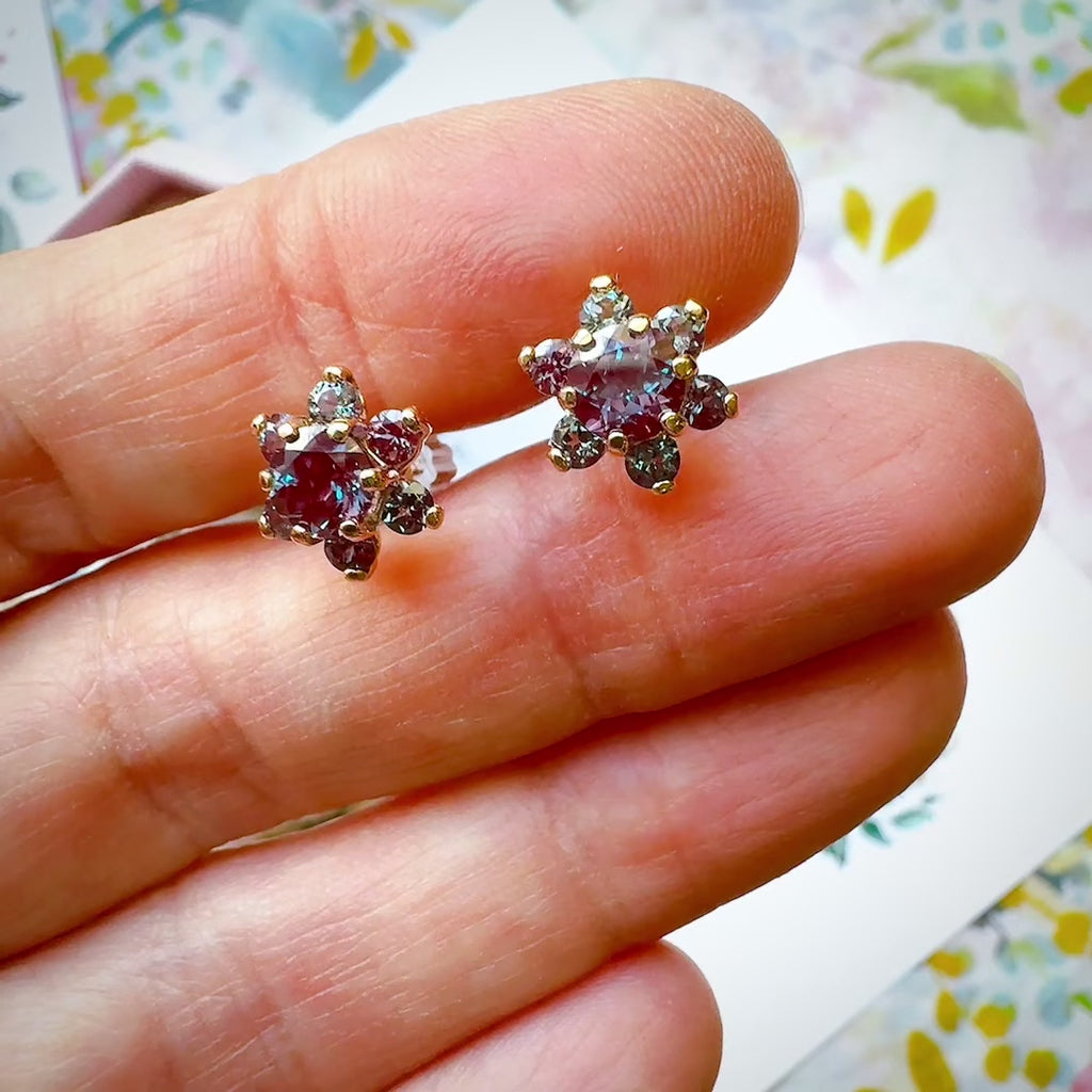 Florence Alexandrite Emeralds Flower Cluster earrings in 9ct / 18ct Gold or Silver - Bijoux de Chagall