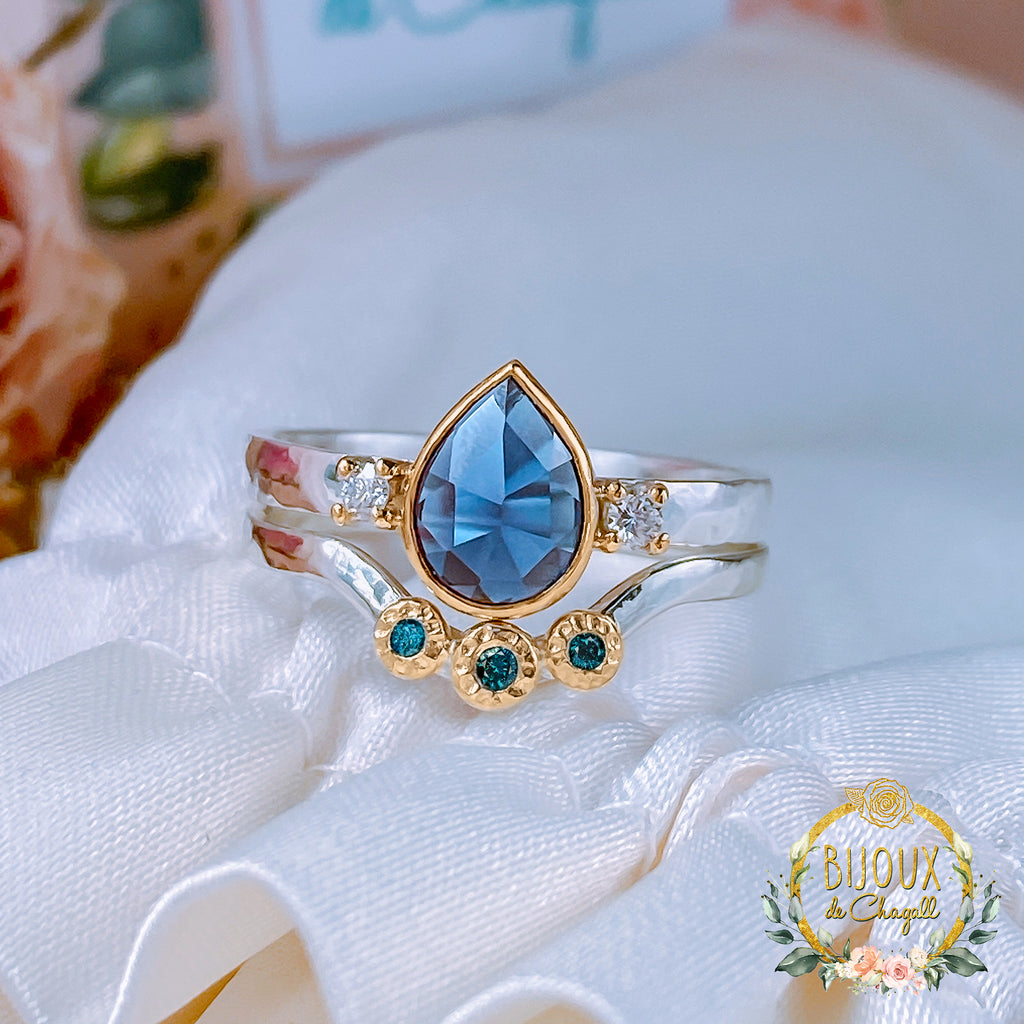 Curved Contour Teal Blue Diamond Wedding ring in 9ct / 18ct Gold and Silver - Bijoux de Chagall