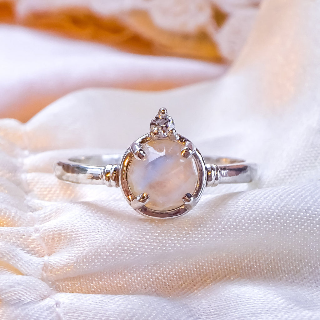 Shimmering Moonstone & Moissanite Diamond Engagement Ring in Sterling Silver - Bijoux de Chagall