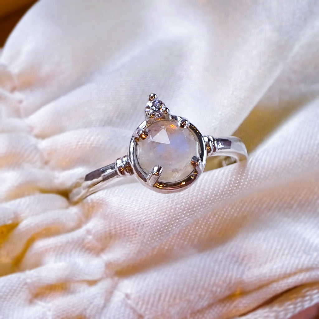 Shimmering Moonstone & Moissanite Diamond Engagement Ring in Sterling Silver - Bijoux de Chagall