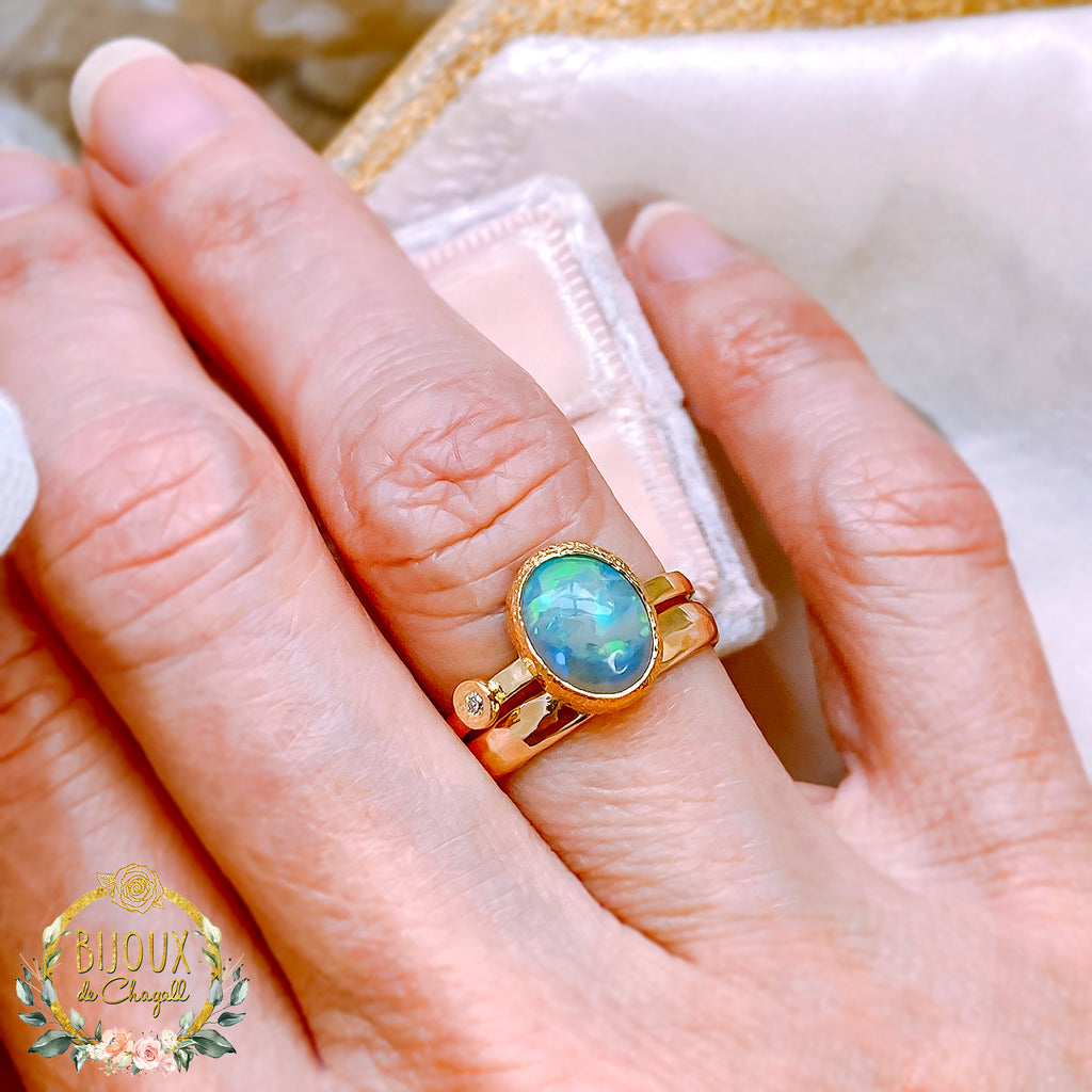 Natural Australian Opal Diamond Engagement ring in 9ct / 18ct Gold. - Bijoux de Chagall