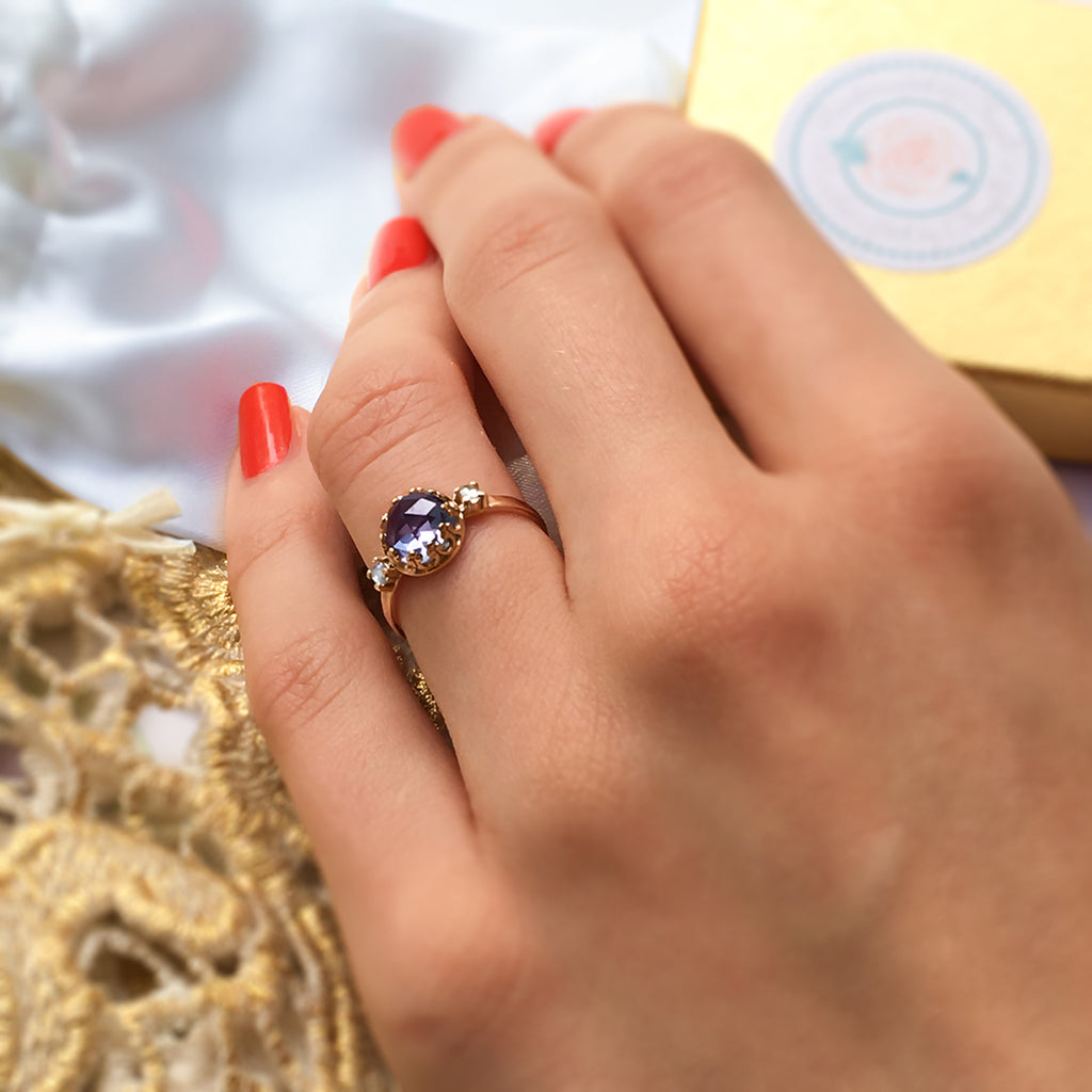 Romantic Alexandrite Diamond Engagement ring in 9ct / 18ct Gold or Silver - Bijoux de Chagall