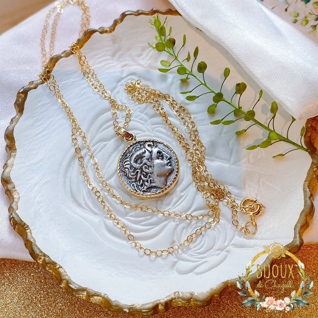 Alexander The Great Ancient Coin Pendant Necklace in 9ct / 18ct Gold and Silver - Bijoux de Chagall