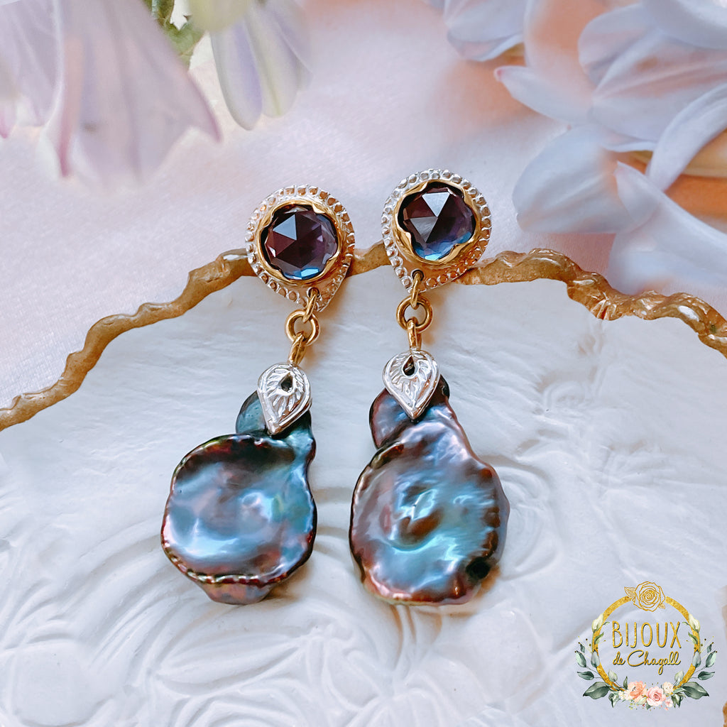 La Belle Epoque Alexandrite Pearl Drop Earrings in solid 9ct / 18ct Gold and 925 Silver - Bijoux de Chagall