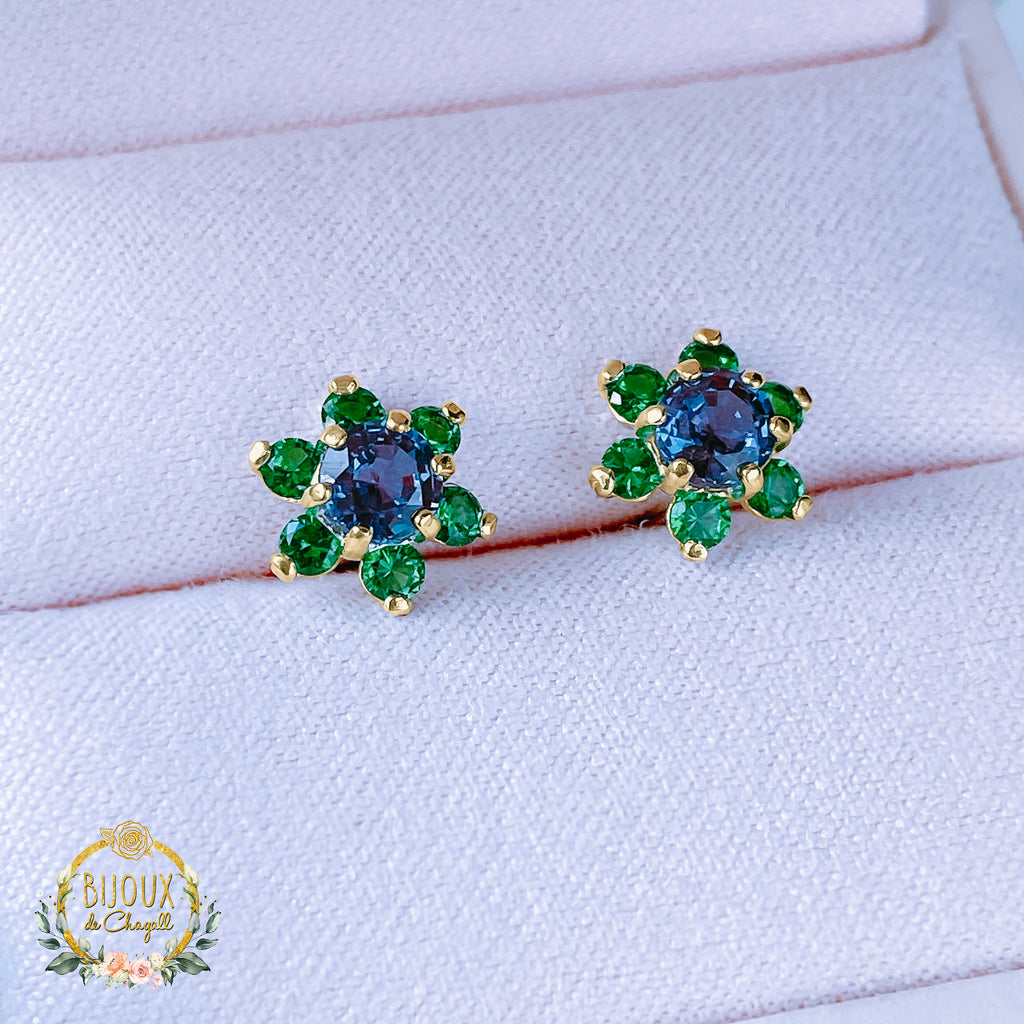 Florence Alexandrite Emeralds Flower Cluster earrings in 9ct Gold or Silver - Bijoux de Chagall
