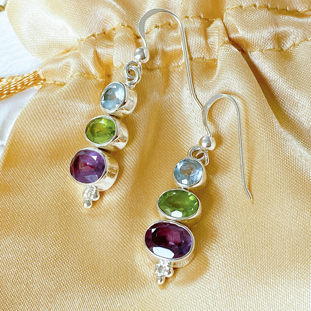 Gorgeous Amethyst Peridot Topaz Drop Silver Earrings - Bijoux de Chagall