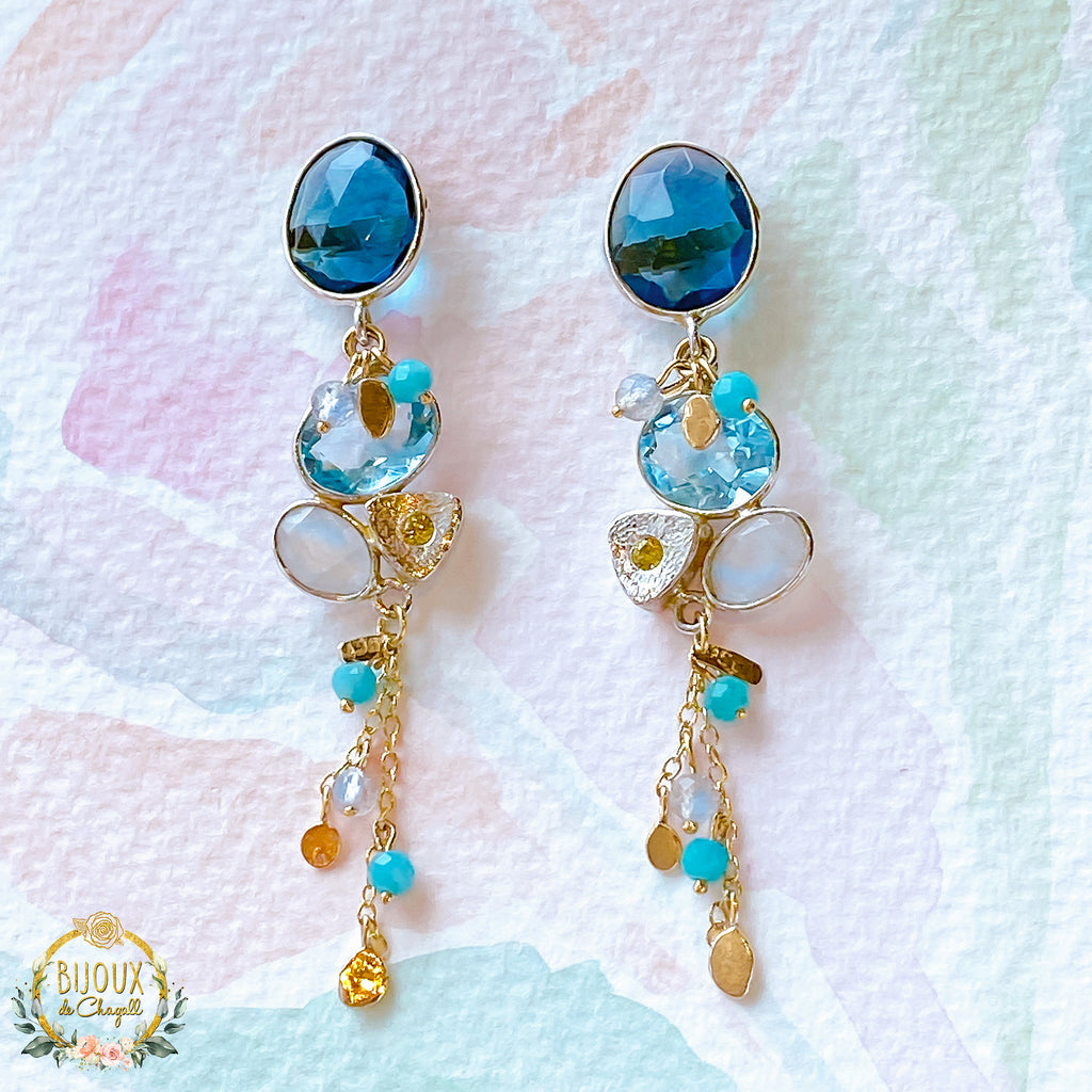 Hollywood Aqua Blue Topaz Dangle Drop Earrings in 9ct solid Gold and Silver - Bijoux de Chagall
