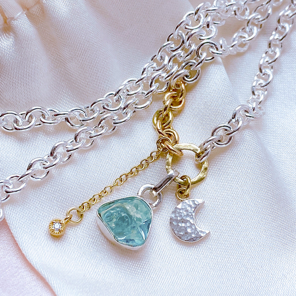 Celestial Raw Aquamarine Diamond Chain Necklace in 9ct Gold and Silver - Bijoux de Chagall