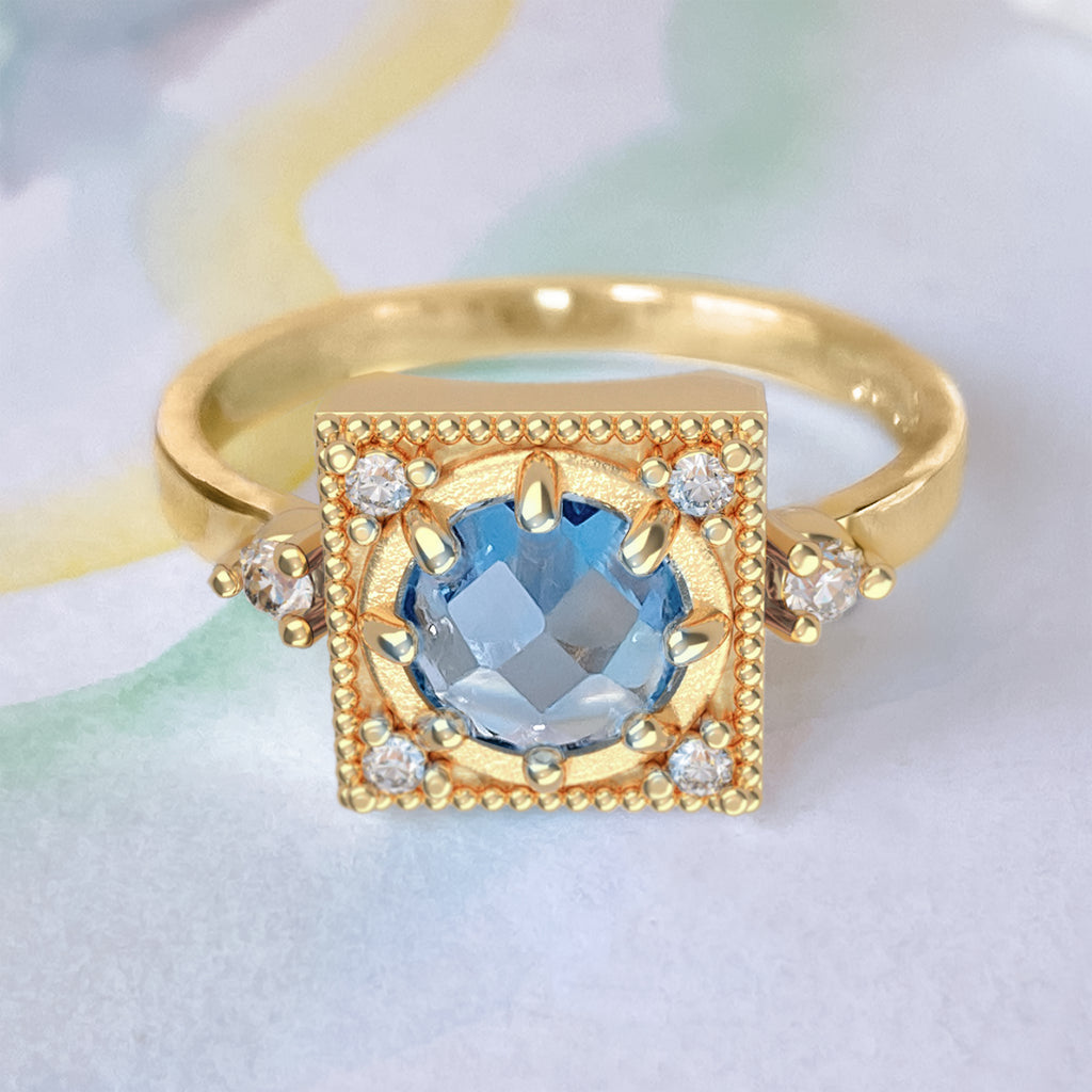 Art Deco Baroque Aquamarine Diamond ring in 9ct / 18ct Gold - Bijoux de Chagall