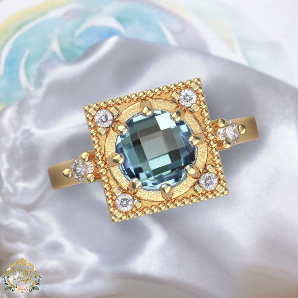 Art Deco Baroque Aquamarine Diamond ring in 9ct / 18ct Gold - Bijoux de Chagall