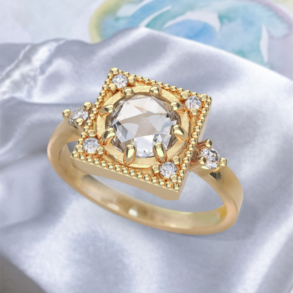 Baroque Art Deco Diamond Engagement ring in solid 9ct or 18ct Gold - Bijoux de Chagall