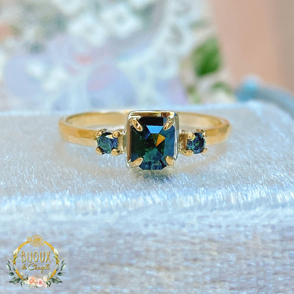 Art Deco Natural Teal Blue Diamond Engagement ring in 9ct Gold - Bijoux de Chagall