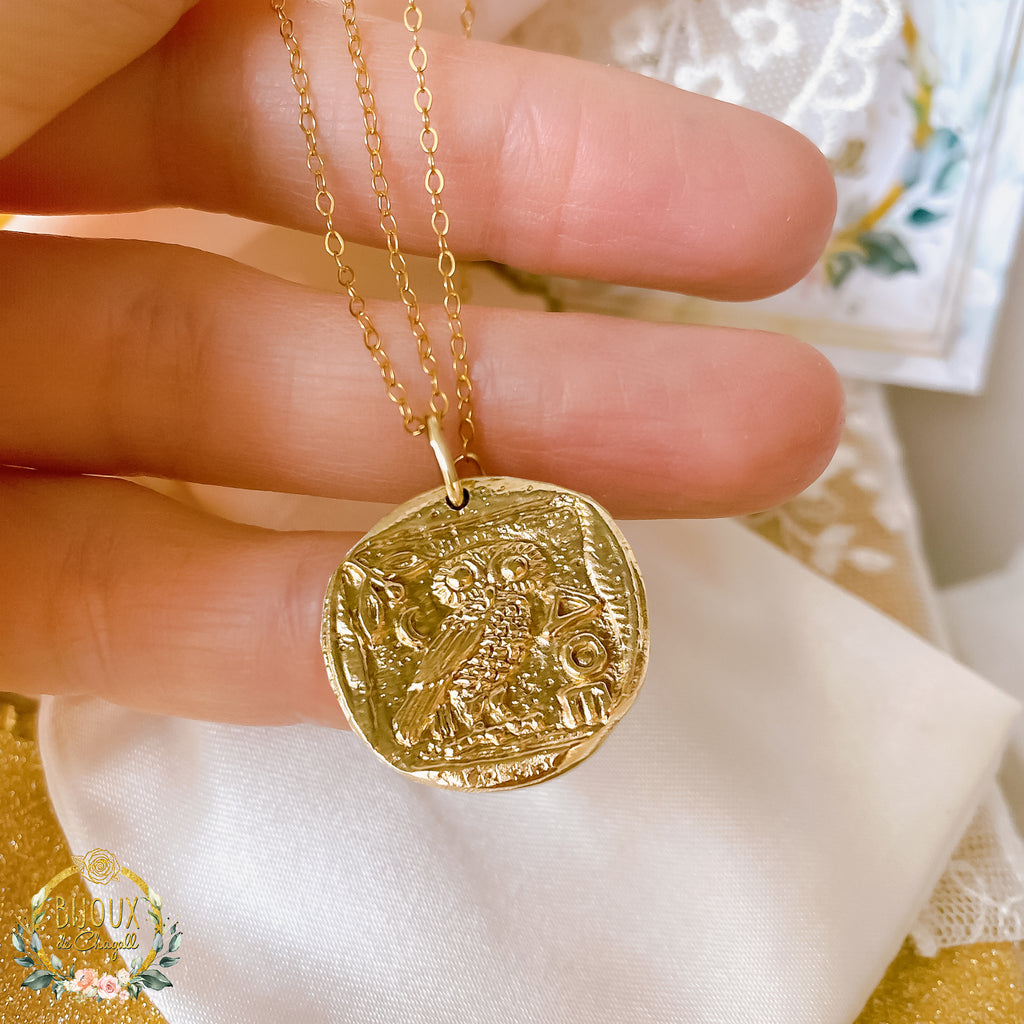Athena Owl Ancient Greek solid Gold Coin pendant necklace in 9ct or 18ct Gold - Bijoux de Chagall
