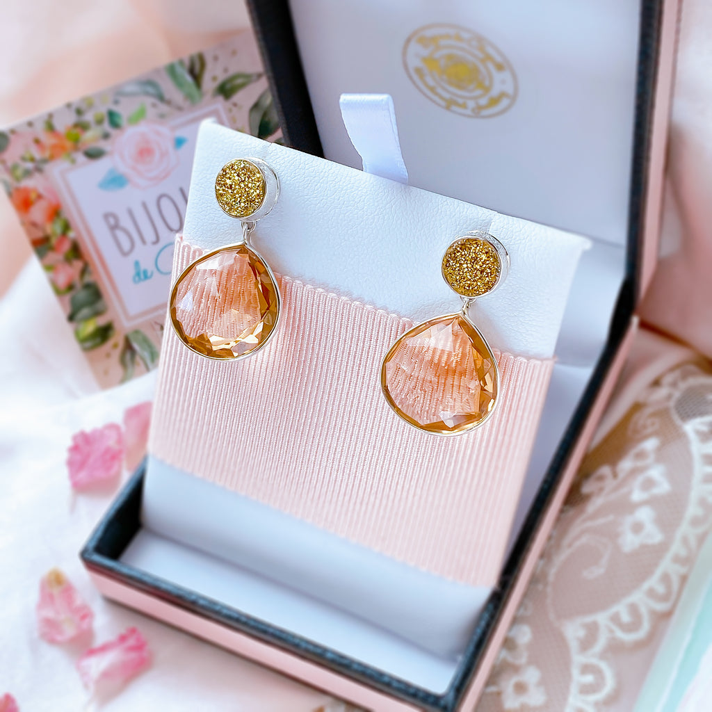 Luxury Peach Morganite and 24k Gold Druzy Chic earrings in Sterling Silver - Bijoux de Chagall