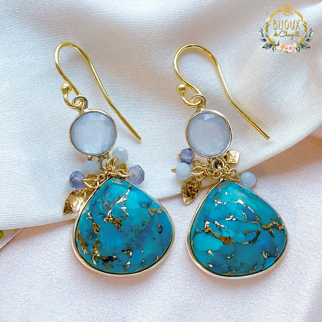 Copper Matrix Turquoise Drop Earrings in 9ct Gold and 925 Silver - Bijoux de Chagall