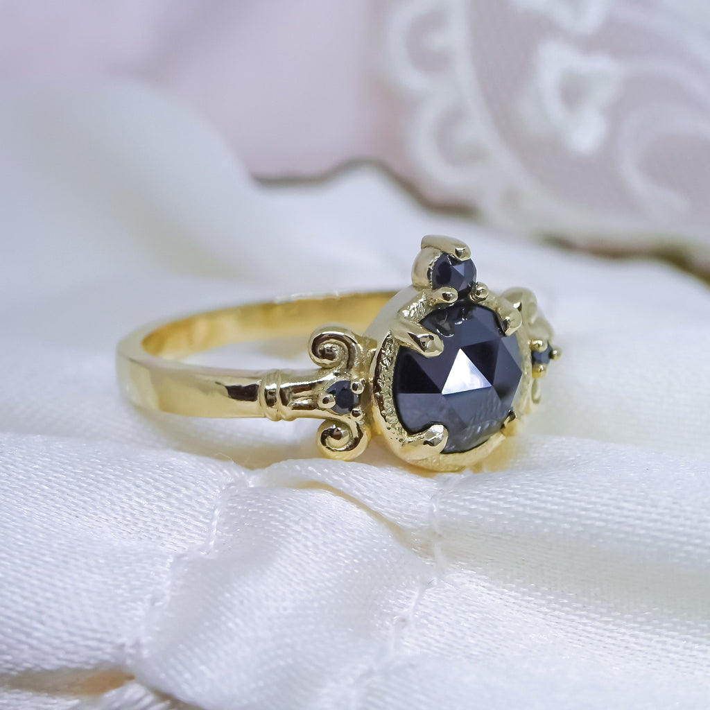 Medieval Art natural Black Diamond Engagement Ring in 9ct Yellow Gold - Bijoux de Chagall