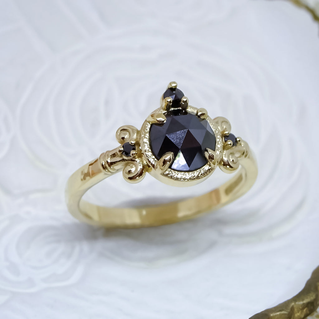 Medieval Art natural Black Diamond Engagement Ring in 9ct or 18ct Gold - Bijoux de Chagall