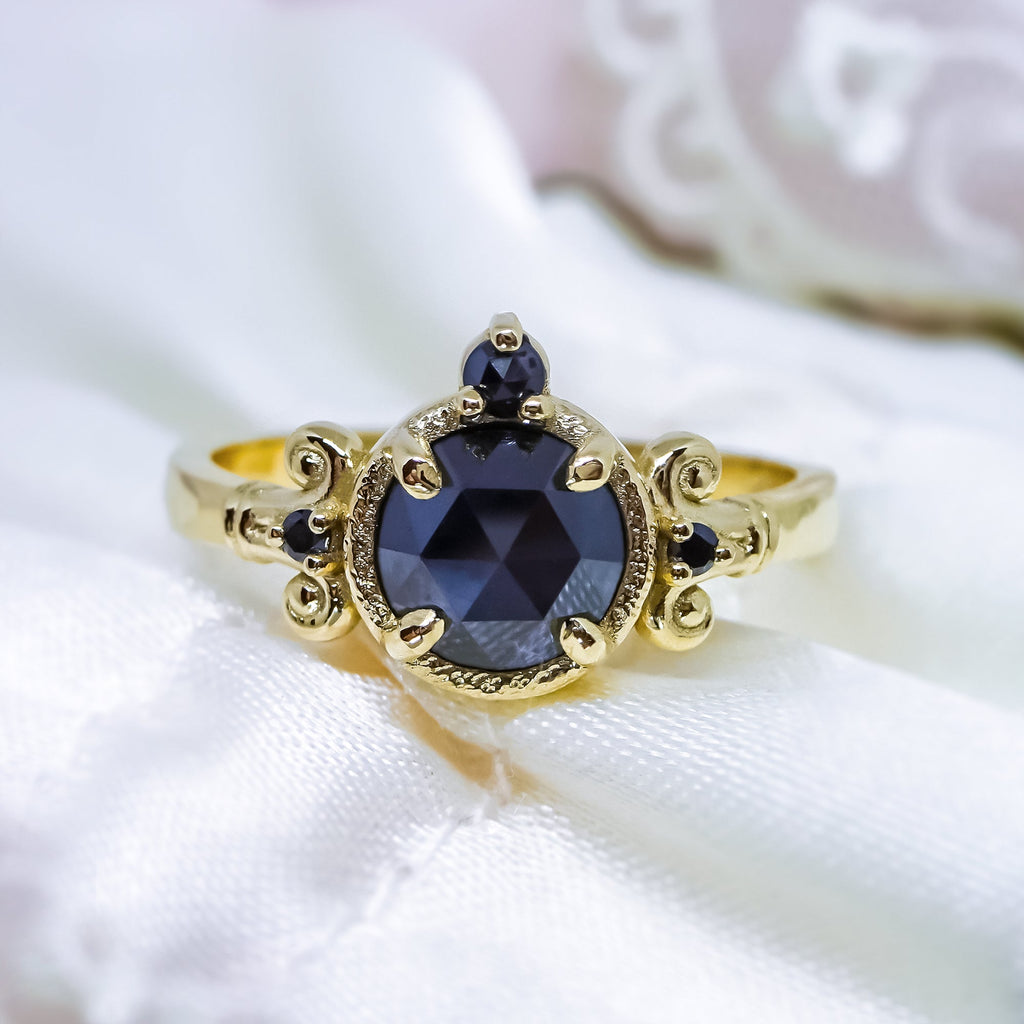 Medieval Art natural Black Diamond Engagement Ring in 9ct Yellow Gold - Bijoux de Chagall