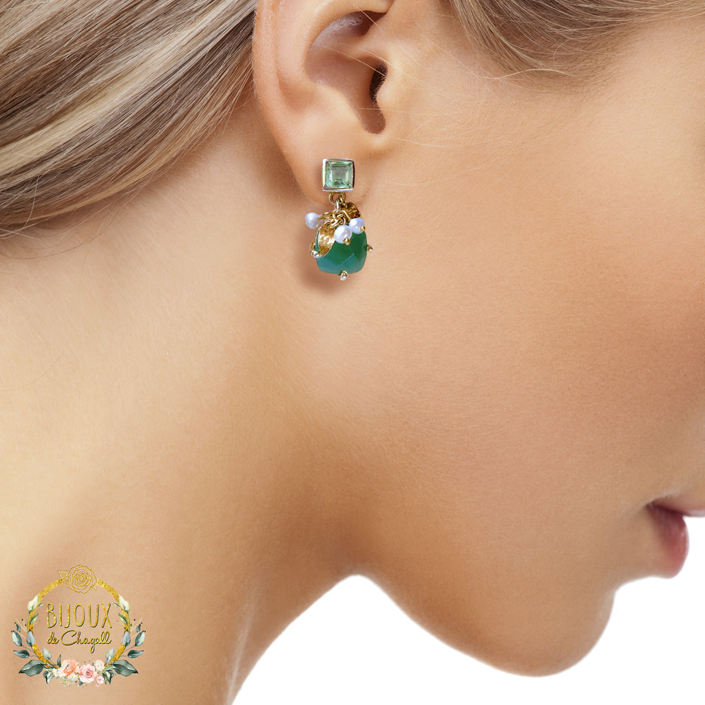 Green Aventurine and Pearls Cute Drop Earrings in 9ct Gold and Silver - Bijoux de Chagall