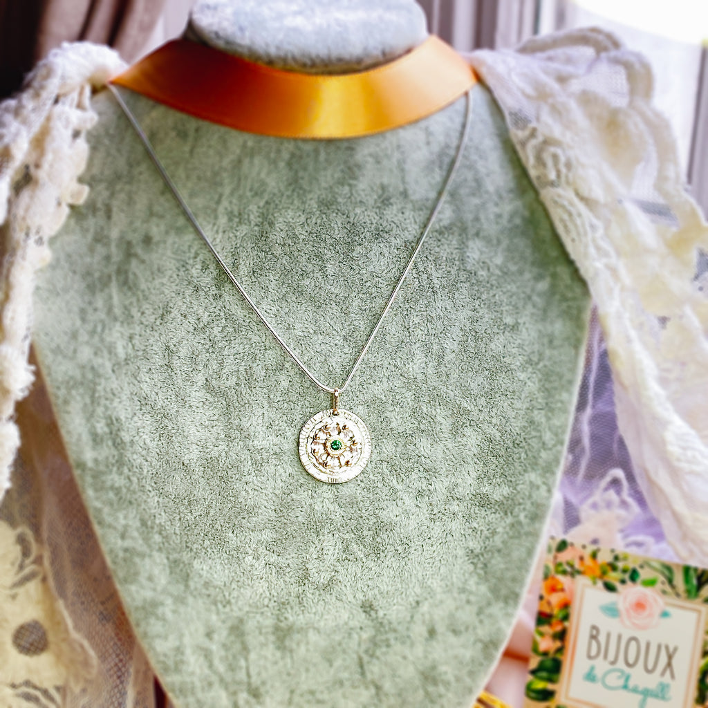 Byzantine Emerald Coin Pendant Necklace in 9ct Gold and Silver - Bijoux de Chagall