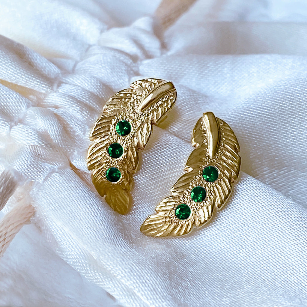 Gold Leaf Stud Earrings with Emeralds, Sapphires or Rubies, in 9ct / 18ct Gold - Bijoux de Chagall